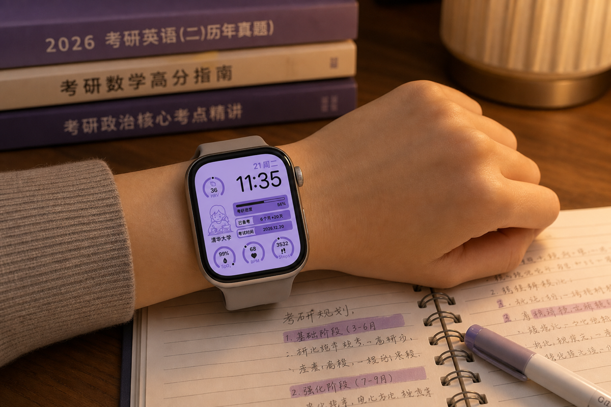 考研党在自习时使用显示目标院校和备考进度的 Apple Watch 考研表盘