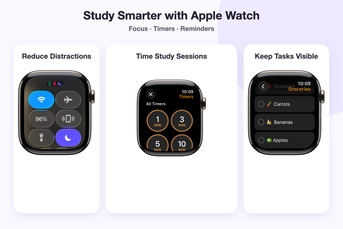 Apple Watch Focus, Timers, and Reminders for managing study sessions