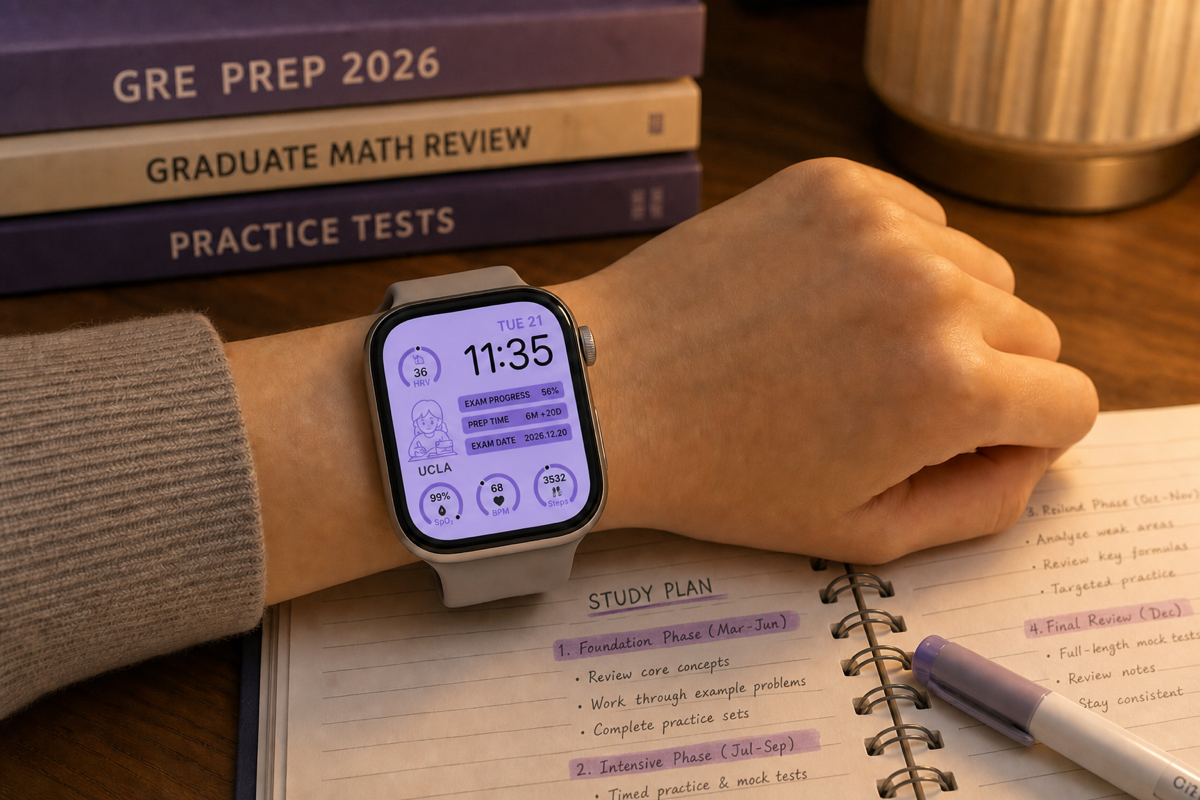 Student using the Exam Goal Apple Watch face with target school and exam preparation progress